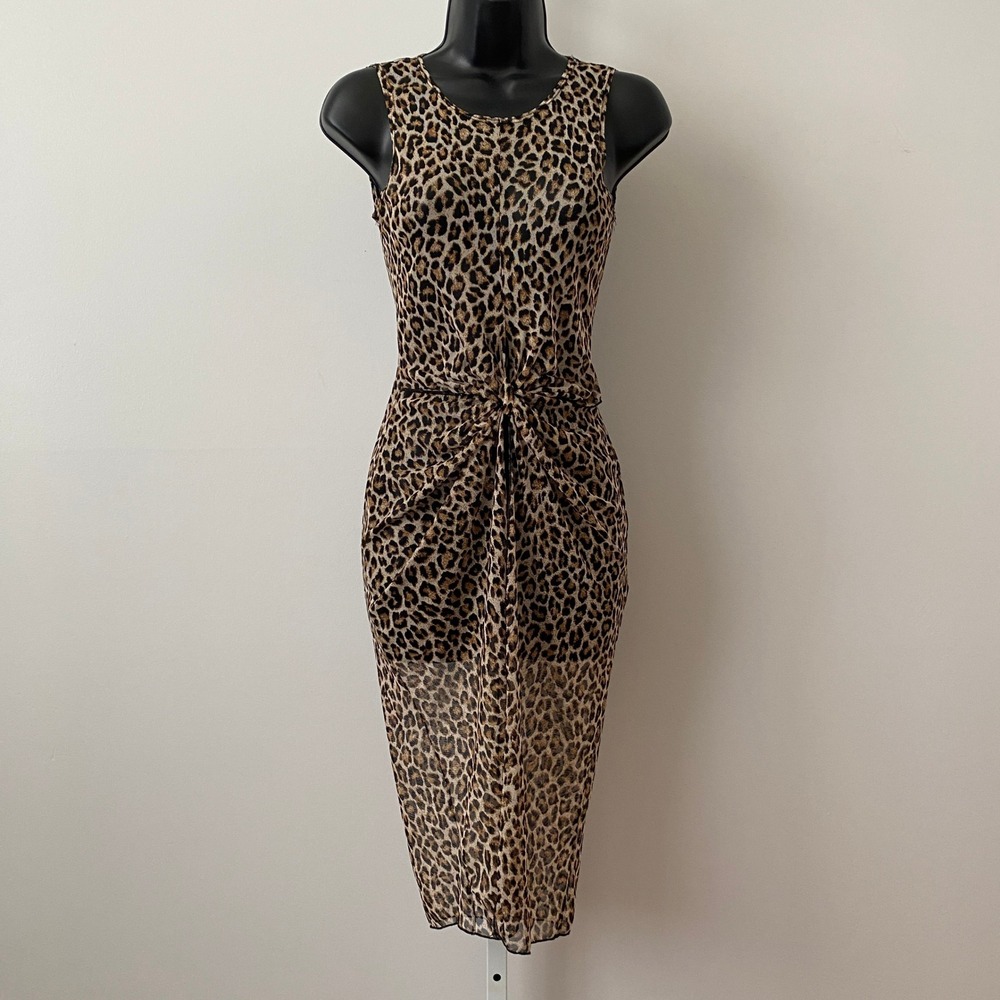Wearever MobWife Office Siren Leopard Print Mesh Twist Midi Dress Brown